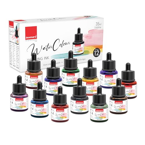 Image of Isomars Water Colour Ink Set of 12 Vibrant Professional Liquid Watercolors (35ml Bottles) with Droppers - Transparent Inks for Calligraphy, Illustration, Airbrushing & Painting
