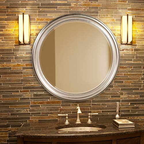Image of Howard Elliott George Round Brushed Nickel Wall Mirror, Bevelled Vintage Hanging Wood Framed Vanity Mirrors for Home Decor, Living Room, Bathroom, Bedroom, or Hallway, 36 Inch Round