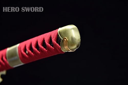 Miniatura 9 de HERO SWORD - Espada de anime Zoro hecha a mano, arcilla muy afilada, acero templado T10 de una pieza, Katana, hoja roja y negra, armas japonesas
