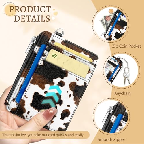 Image of Kelvoris Cow Print Slim Wallet Women Credit Card Holder Small RFID Keychain | Cute, Zipper Coin Pocket, PU Leather Front Pocket, Thin Card Case for Travel, Compact, 6 Card Slot, ID Window, Gift for Woman