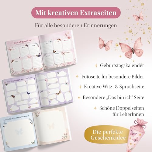 EULENTALER® Das Schulfreundebuch für Mädchen Schmetterlinge I Von Pädagogen gestaltet I Handgemalte Schmetterlinge & Blumen I Geschenk zur Einschulung I Goldprägung I Freundebuch Grundschule