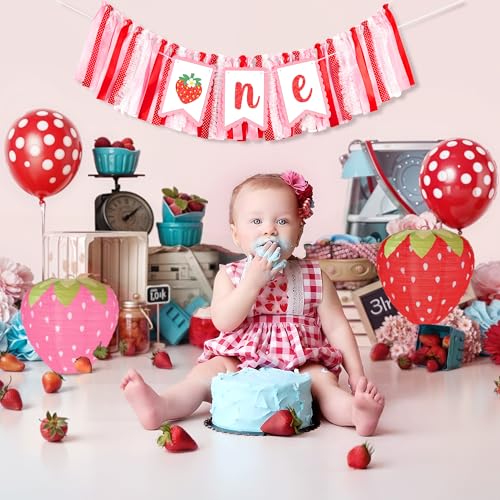 Image of Kriyokiaa Berry First Birthday High Chair Banner One High Chair Banner Girl Photo Backdrop First Birthday Decorations for Girl Wall Hanging Decorations for Kids Bedroom, Red /Pink