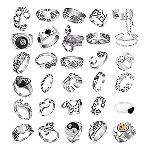 Konxi Vintage Punk Ringe für Männer Frauen Schlange Offene Froschringe Knöchel Stapelringe Boho Fingerringe Einstellbare Punk RingSchlange Schmetterling Blume Set 30pcs Cover