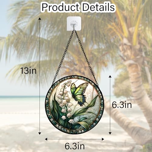 Image of DASTOLL Stained Glass Window Hanging, Lily of the Valley Flower Butterfly Suncatcher for Doors Home Sun Catchers Decoration and Christmas, Mother's Day Birthday Gifts for Women, Men, Mom 6.3 in