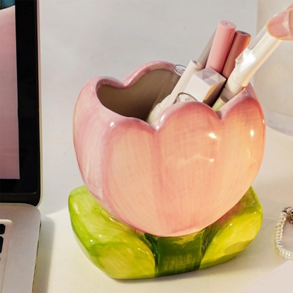 Porta Cepillos De Maquillaje Con Forma De Tulipán - Organizador De Cerámica Para Escritorio, Color Morado