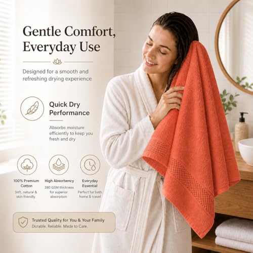 Image of 100% Pure Cotton Bath Towel for Men & Women | 380 GSM Ultra Soft, Highly Absorbent & Quick Dry Bath Towel | Large 55 x 28 Inch Matty Terry Towel for Bathroom, Gym, Travel & Daily Use | Rust
