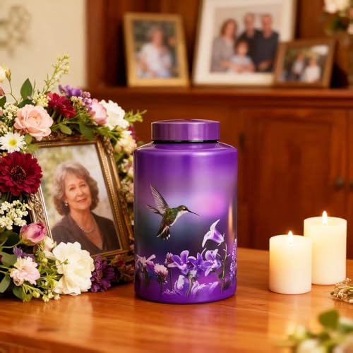 Image of Large Purple Metal Cremation Urns for Human Ashes, for Adult Female | 220 lbs Capacity, Hummingbird Design, Sealing Well & Durable & Waterproof, Stainless Steel, Funeral Women Ash Keepsake