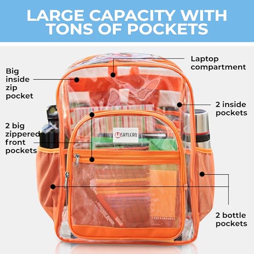 Image of SHYLERO Clear Backpack Heavy Duty has TSA Lock, 2-WAY Zipper. PVC Transparent Backpack Is Extra Large - H18''xW14''xD8 - Orange