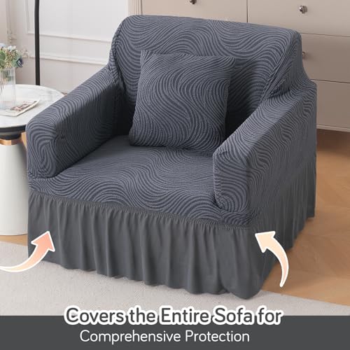 Image of HOKIPO 1 Seater Sofa Cover with Frill- 240 GSM Premium Jacquard Stretchable Fully Covered Slipcover, 'Serene Wave Series' Pewter Grey (AR-6352)