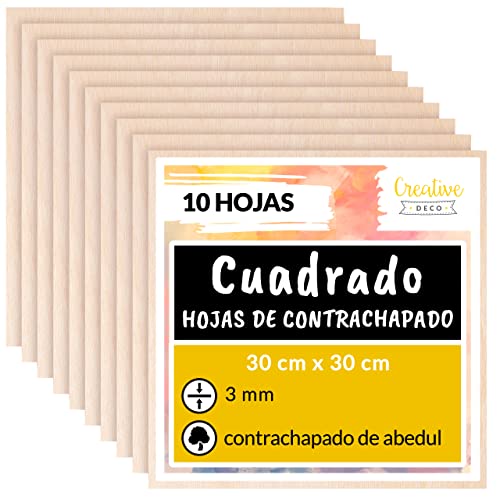 Creative Deco 10 x 30x30cm Tablero Madera Manualidades Contrachapado | 300 x 300 x 3 mm (+/- 2mm) | Chapa Maciza Abedul Maderas para Bricolaje | Pirograbado, Corte por Laser, CNC Router, Modelado