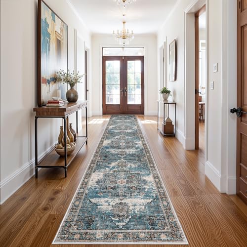 RUUGME Washable 3x14 Runner Rugs - Living Room Large Boho Rugs for Stain Resistant Carpet Vintage Tribal Rugs for Bedroom Kitchen Non Slip Backing Home Decor Floor Decoration Mat 3x14 Blue