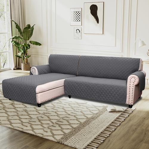 BellaHills Sofa Cover L Shape 2 Piece Couch Cover for Sectional Sofa Non Slip Corner Sofa Cover Water Resistant Chaise Sofa Cover for Dogs (Left Chaise Lounge + 3 Seater, Grey)