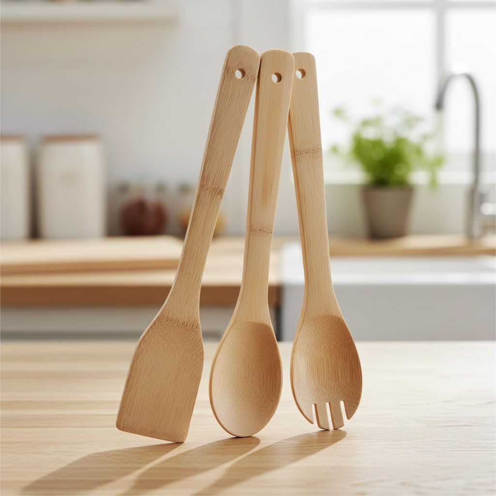 Deconox 3'lü Bambu Mutfak Gereç Seti – Doğal Ahşap Spatula, Kaşık ve Servis Çatalı | Yapışmaz Tencere Dostu, Antibakteriyel ve Isıya Dayanıklı Ahşap Mutfak Seti (30 cm)