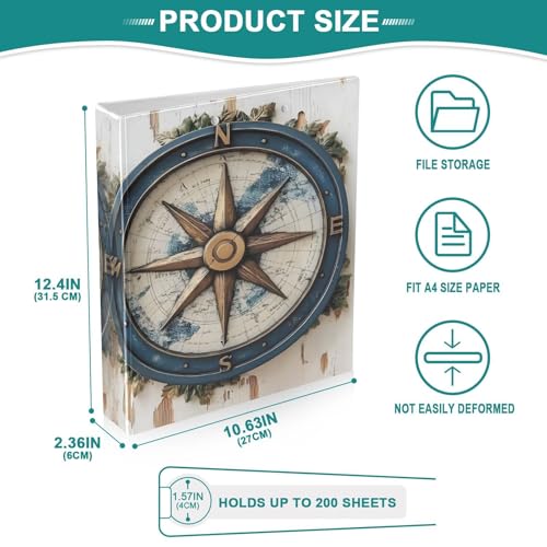 Image of 3 Ring Binder Vintage Nautical Compass 1.5 inch Binders Three Ring Binders with Clipboard Fit 8.5'' x 11'' Paper 3 Interior PVC Clear Pockets for Office Supplies