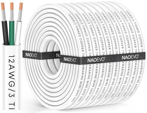 NAOEVO 12 Gauge Marine Wire, 12/3 Triplex Marine Electrical Cable, Waterproof/Insulated PVC/Oxygen-Free Tinned Copper 12 AWG Wire for Boat, Automotive, RV, Solar, LED, Trolling Motor (100FT)