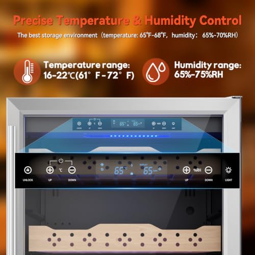 Image of 24 Inch Electric Humidor, Stainless Steel Humidor Cabinet with Large Capacity, Double-Layer Tempered Glass Door, Digital Temp & Humidity Control, Blue LED Light & Lock