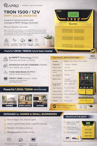 Image of EAPRO Tron 1500 12V AI-MPPT Solar PCU Inverter, Pure Sine Wave, Single Battery, Smart LCD Display | Lithium and Lead Acide Battery Supported