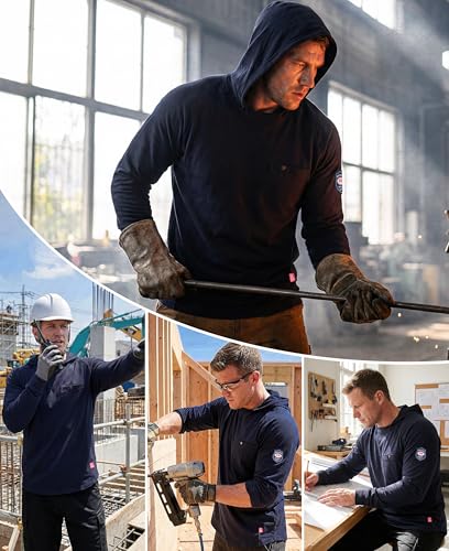 Image of BOCOMAL FR Hooded T Shirts Utility Pocket Fire Resistant Summer Hoodie CAT2 | 6oz Midweight Flame Retardant Cotton Hoodies,Kangaroo /Button Pocket,NFPA2112,Rib-Knit Cuffs,FRC Welding Arc Rated Work Shirt