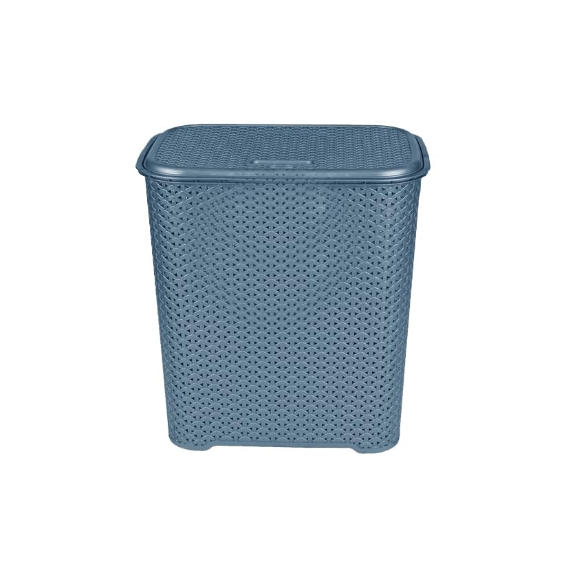 Laundry Basket With Lid Virgin Plastic Small 45L Litre Laundry Drop All Knit Design Hamper Basket Storage Dirty Clothes Washing Basket with Handles Bin for Laundry Room 43 x 27 x 44cm (Blue)