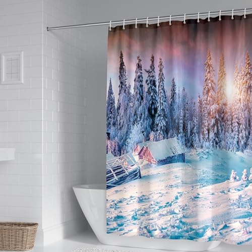 Homxi Duschvorhang mit Ösen Badewanne,240 W x 200 H cm,Badewannevorhang Weiß Blau Verschneite Landschaft Duschvorhang Polyester Ringe Duschvorhang Weiß