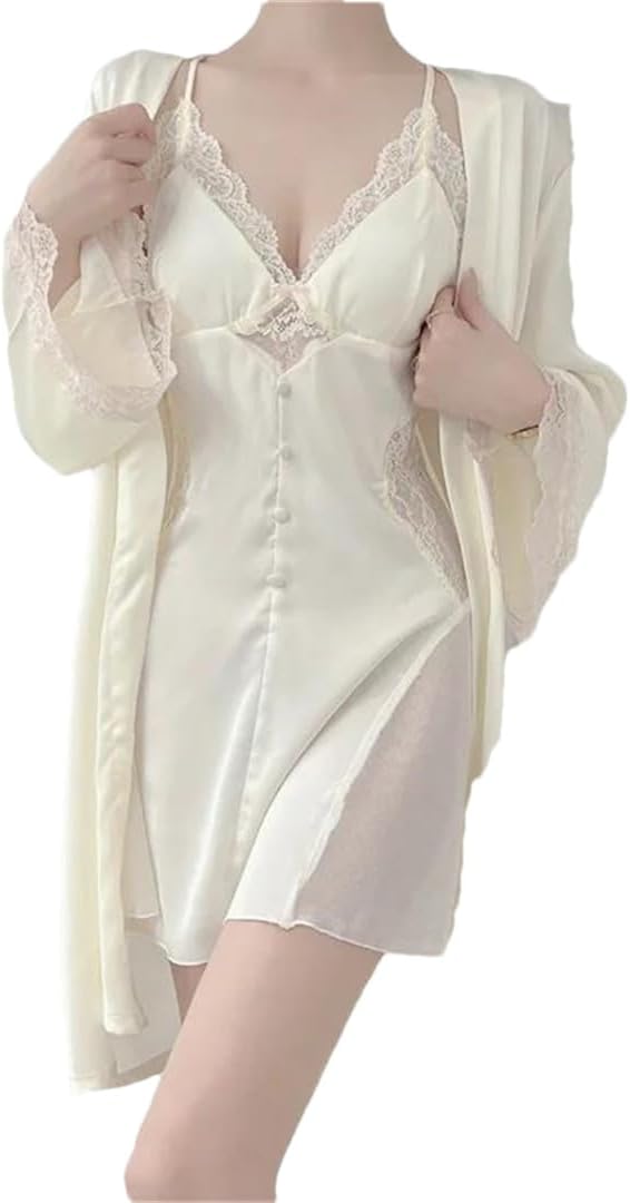 Fulbant Women'S Solid Two Pieces Robe Gown Sets Silk Satin Lace Nightgowns Lingerie Suits