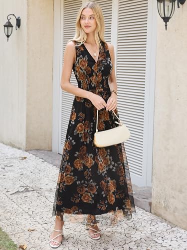 Image of ANRABESS Women's Floral Tulle Wedding Guest Maxi Dress | V Neck Sleeveless,A-Line Elastic Waist,Casual Flowy Formal Boho,Bridal Shower Garden Party Beach Vacation,Summer Fall