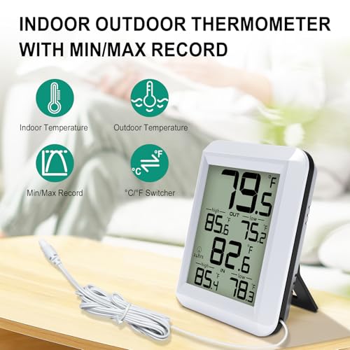 Urageuxy Digital Indoor Outdoor Thermometer Wired, Indoor Outdoor Temperature Monitor with Min/Max Record and Probe Sensor for Home, Office, Greenhouse, Aquarium, Refrigerator, Freezer (White)