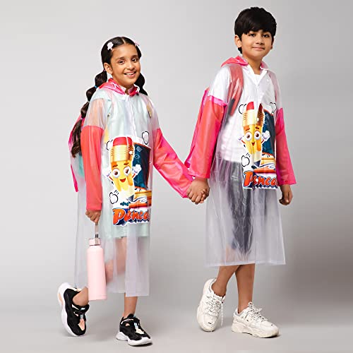 Image of THE CLOWNFISH Toon Caper Series Kid's Waterproof PvcLong Length Coat With Adjustable Hood & Extra Space For Backpack /Schoolbag Holding. Printed Plastic Pouch.