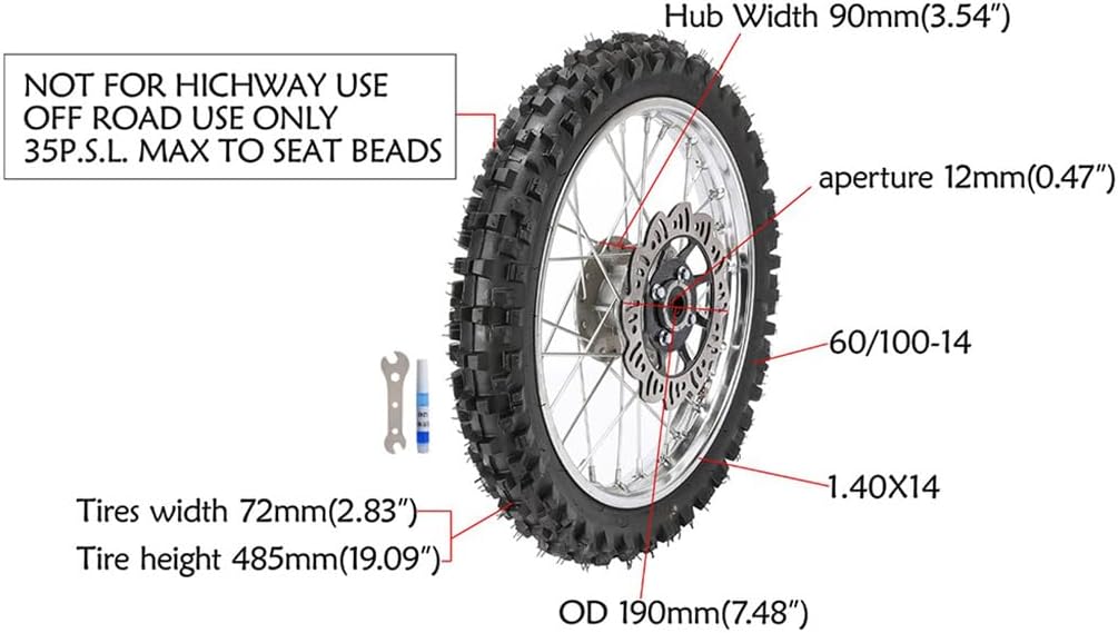 25" 630mm Front Fork with Triple Tree Clamp, 60/100-14 Dirt Bike Tire and Rim Wheel, Disc Brake Cylinder Caliper, 12mm Bearing Axle for Apollo SSR CRF Coolster Pit Pocket Trail Monkey Bike Off Road