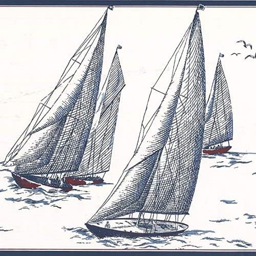 CONCORD WALLCOVERINGS Papel tapiz prepegado, borde clásico náutico con tema de yate en barco, colores gris beige, tamaño 9 pulgadas por 15 pies