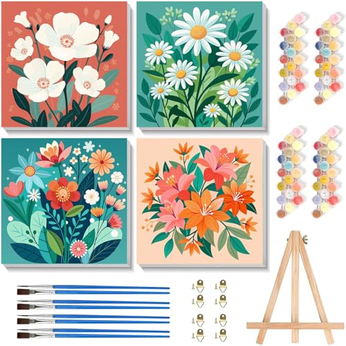 cviokrdu 4 Pack Paint by Numbers Kit for Kids with Frame - Wooden Easel Flowers Paint by Numbers for Kids Ages 4 8 12 Easy Flower Acrylic Oil Painting Kits for Home Wall Decoration 8x8 inch