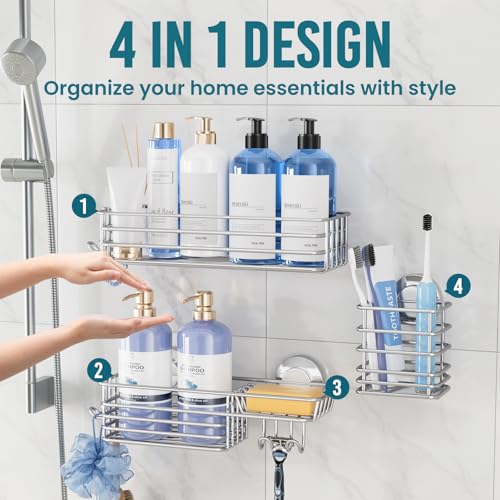 TAILI Shower Caddy Suction Cup with Hooks, Soap Holder & Toothbrush Holder, No Drilling Heavy Duty Bathroom Shower Organizer Shelves, Stainless Steel Bathroom Storage and Organization, 3 Pack - Silver by TAILI - Image 3