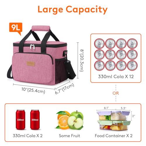 Image of Lifewit Medium Lunch Bag, Insulated Lunch Box, Soft Cooler Cooling Tote for Adult Men Women, Pink 12-Can (9L)
