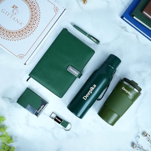 Image of Giftana Personalized Diary with Pen, Coffee Tumbler 510ml, Water Bottle 750ml, Keychain, Card holder Gift Set for Men and Women, 6 in 1 Personalised Corporate Gifting for Employee (Green)