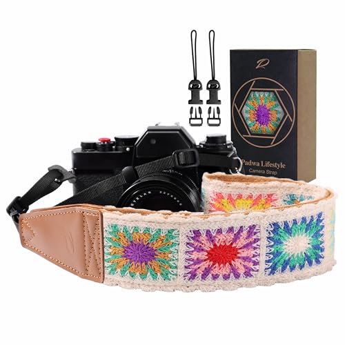 Image of Padwa Lifestyle White Crochet Camera Strap - 2 inch Full Grain Leather Ends Camera Straps for Photographers, Vintage Embroidered Cotton Soft Suede Fabric Padded Strap with Quick Release fits All Cameras
