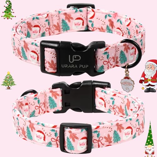 Image of Xmas Dog Collars - Pink Christmas Tree & Santa Dog Collar with Gingerbread- Comfortable, Stylish Pet Collars with Quick Release Buckle for Christmas M