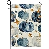 Drapeau de jardin en forme d'étoiles de citrouille d'automne, citrouilles bleues et blanches avec étoiles dorées, décoration d'extérieur, drapeau de cour saisonnier double face pour fête ou décoration