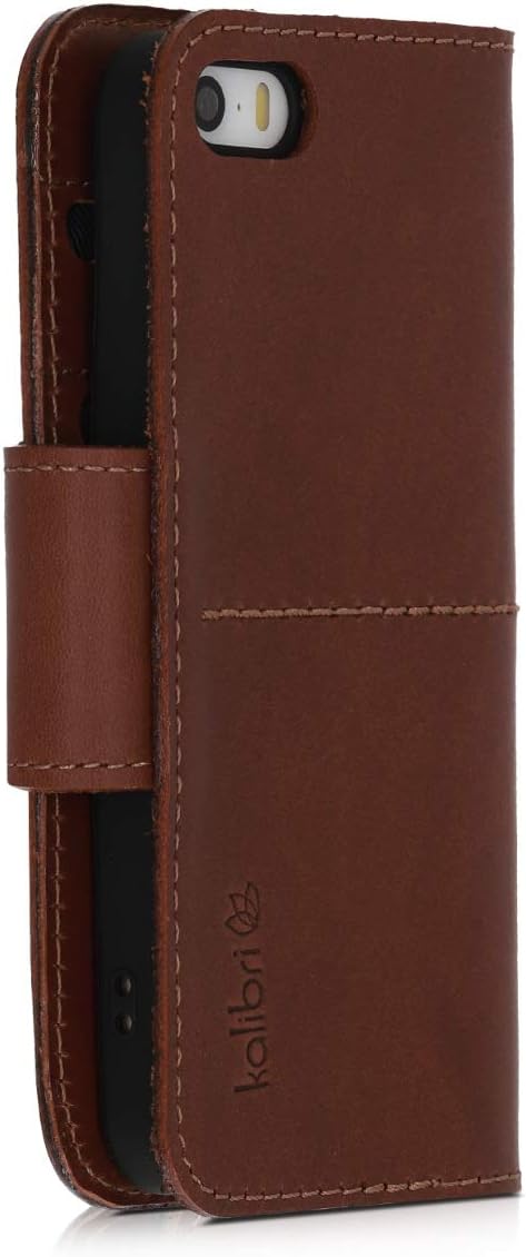 Best Seller kalibri Wallet Case Compatible with Apple iPhone SE (1.Gen 2016) / 5 / 5S - Leather Cover with Stitching and Card Slots - Dark Brown