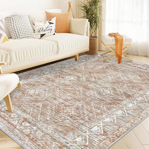 Image of Moroccan Large Area Rug 6x9 - Soft Machine Washable Geometric Boho Distressed Farmhouse Rug Morden Stain Resistant Indoor Floor Carpet for Bedroom Dining Table Nursery Home Office (6 x 9, Brown)