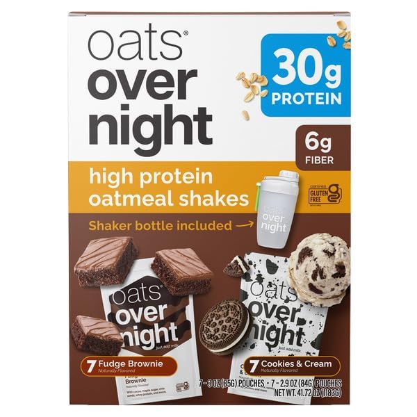 Oat Overnight High Protein Oatmeal Variety Pack (14-Pack) - 30g Protein Shake - Gluten Free Breakfast On-The-Go - Includes Cookies & Cream and Fudge Brownie