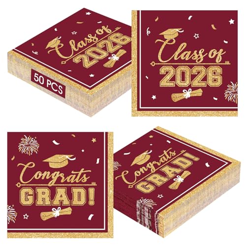 50 Pcs Graduation Napkins Class of 2026 - Maroon Gold Congrats Grad Napkins Set, 3-Ply Disposable Graduation Luncheon Dinner Party Paper Napkins for Grad Party Supplies Table Decoration