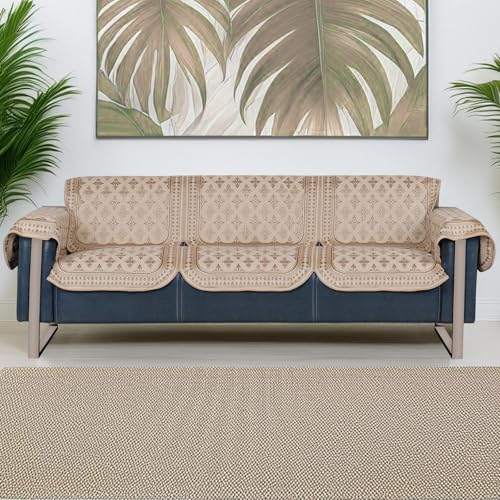 Image of Premium Chenille Woven Anti-Slip 3 Seater Sofa Cover with Arm Rest | L-Shape Sofa Seat Protector for Living Room | Durable & Stylish Slipcover - Beige