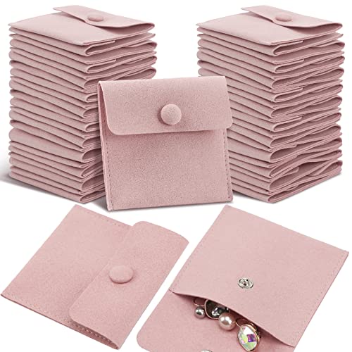 Bonuci Microfiber Jewelry Pouch 8x8cm, Jewelry Packaging Bag Luxury Small Gift Bags Package Snap Button with Divider Microfiber Bag for Bracelet Necklace Packaging(Pink,40 Pcs)