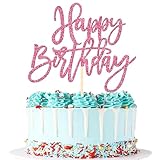 1 PCS Happy Birthday Cake Topper Glitter Happy Birthday Cake Pick for Celebrating Happy Birthday Anniversary Theme Party Cake Decorations Supplies Pink