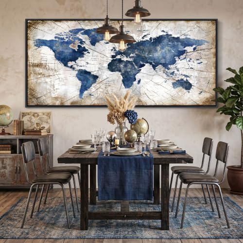 Image of World Map Canvas Wall Art Navy World Maps for Wall Vintage Modern Wall Art for Office Framed Pictures for Living Room Bedroom Wall Decoration for Home Office Decor Artwork for Walls
