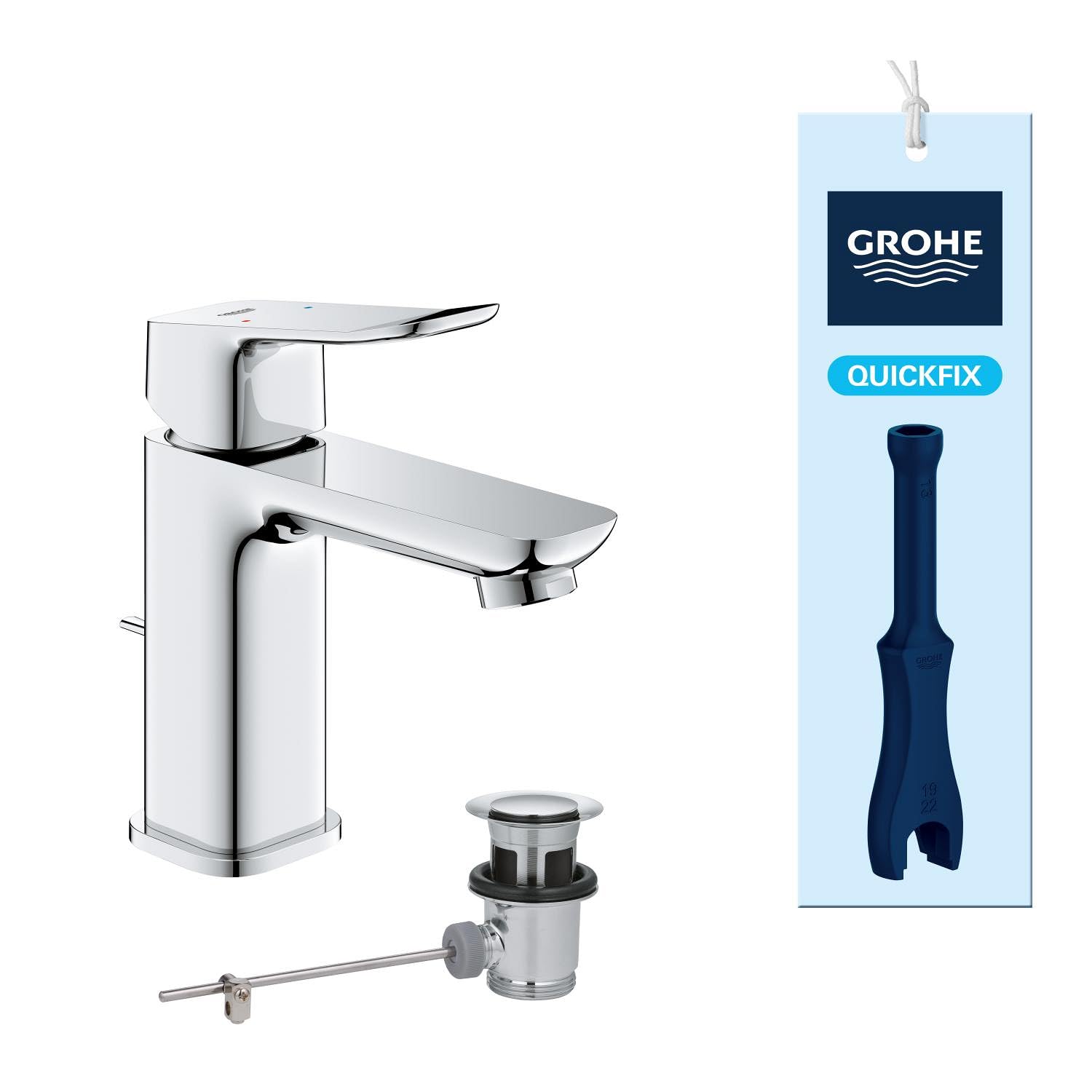 GROHE Dice Grifo Monomando de Lavabo S con Vacío Automático (Cartucho Cerámico 28 mm, Ahorro de Agua, Conexiones 3/8", Fácil de Instalar QuickTool Incluido), Cromado, 1018560000