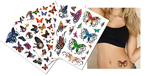 6-pack Value Plus Butterflies Temporary Tattoos - Butterfly Temporary Tattoos for Lower Back, Shoulder, Neck, Arm