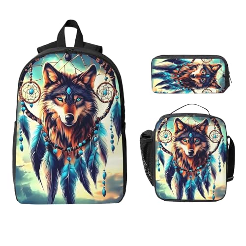 (Ship from USA) Dream Catcher Wolf 17 Inch Large Capacity Backpack 3-Piece Set Backpack Suitable For Outdoor Leisure2