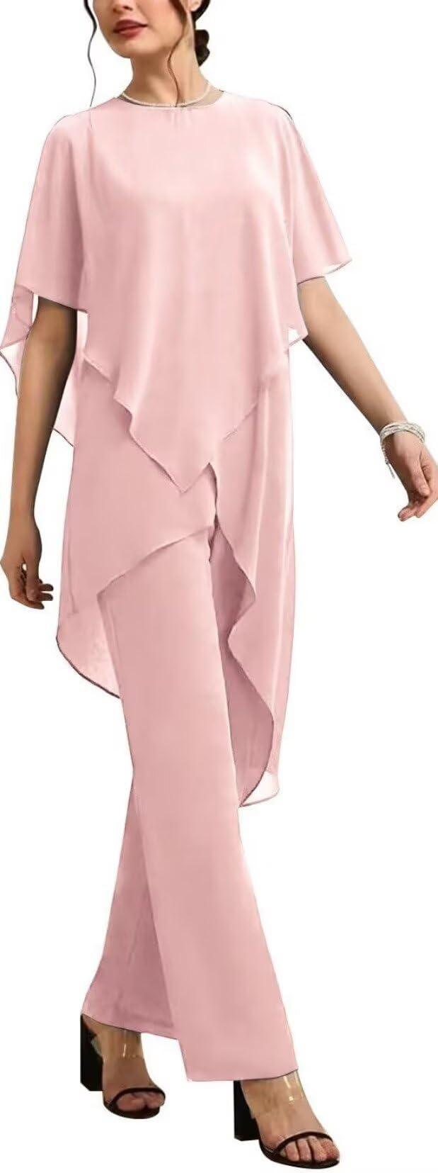 Chiffon Mother of The Bride Pant Suits 2 Pieces Elegant Ruffled Wedding Guest Formal Evening Outfits