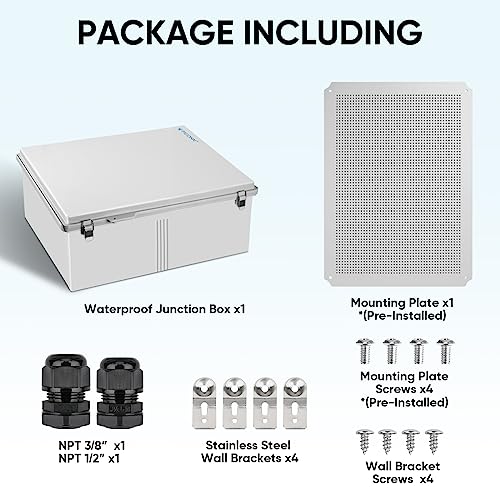Image of TICONN Outdoor Electrical Box Waterproof, Junction Box IP67 ABS Plastic Enclosure with Hinged Cover with Mounting Plate, Wall Brackets, Cable Glands (Off-White, 19.7 inchx15.7 inchx7.9 inch)